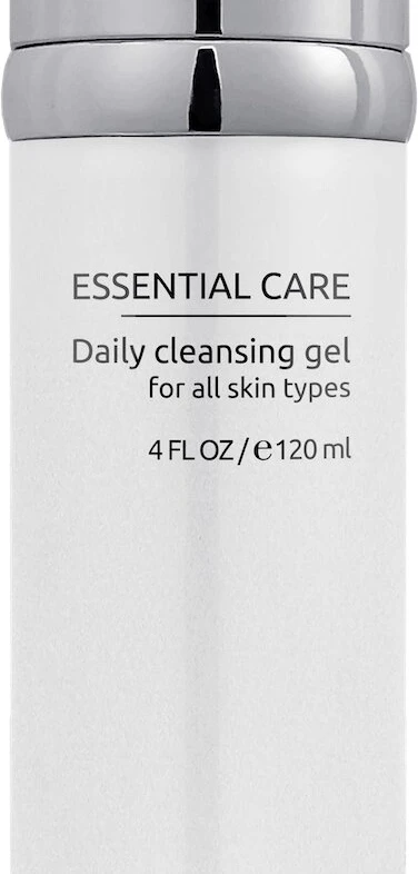 Dermaskill Essential Care Daily cleansing gel bottle for all skin types, 120 ml (4 fl oz) with silver cap on white bottle
