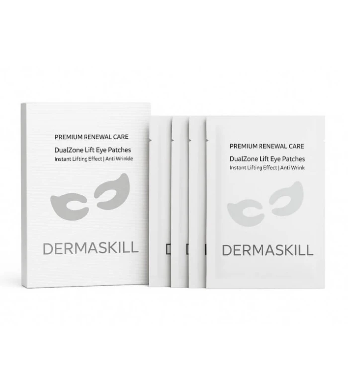 Dermaskill Premium Renewal Care DualZone Lift Eye Patches packaging: white box and sachets with abstract eye logo.