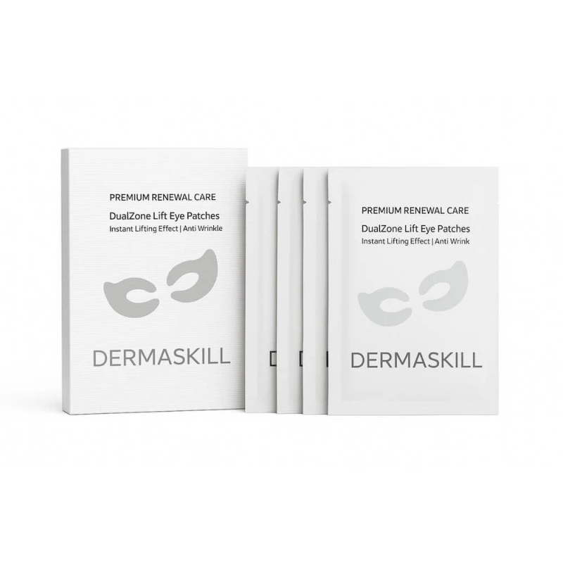 Dermaskill Premium Renewal Care DualZone Lift Eye Patches packaging: white box and sachets with abstract eye logo.
