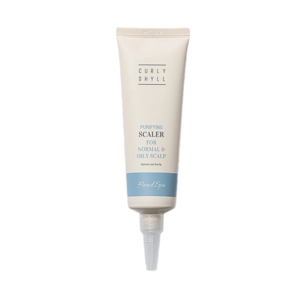 Cream-colored squeeze tube labeled HeadSpa with 'Purifying Scalp for normal & oily scalp' text and a blue bottom band.