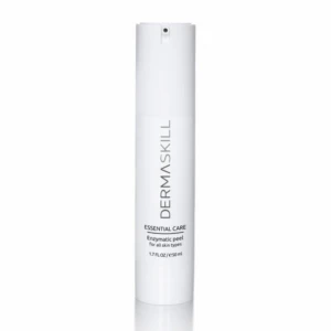 Dermaskill Essential Care enzymatic peel bottle in a tall white cylindrical container against a white background