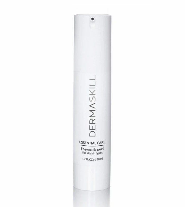Dermaskill Essential Care enzymatic peel bottle in a tall white cylindrical container against a white background