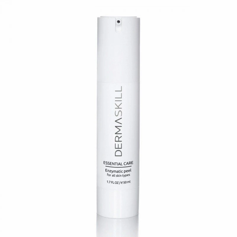 Dermaskill Essential Care enzymatic peel bottle in a tall white cylindrical container against a white background