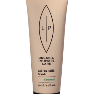 Tube of LP Organic Intimate Care Gel-To-Milk Scrub, Coconut scent, 50 ml—product packaging with a leaf-shaped logo on a pink tube