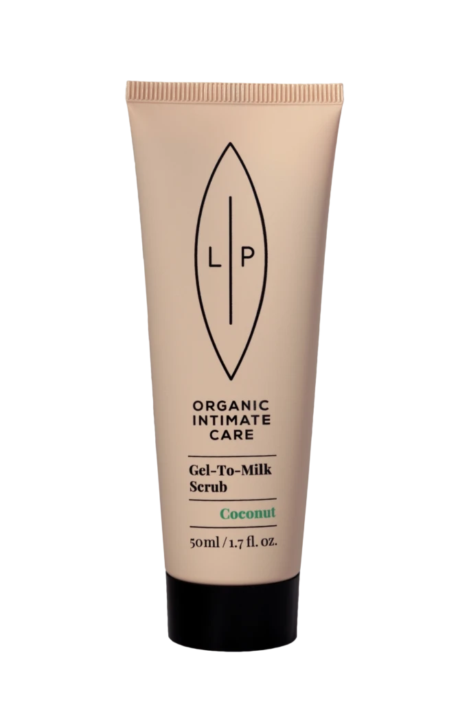 Tube of LP Organic Intimate Care Gel-To-Milk Scrub, Coconut scent, 50 ml—product packaging with a leaf-shaped logo on a pink tube