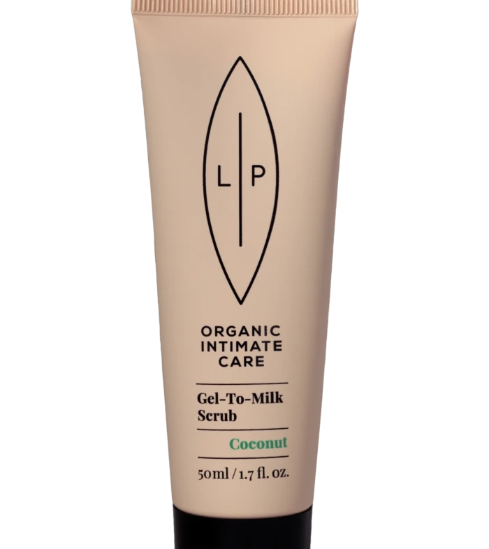 Tube of LP Organic Intimate Care Gel-To-Milk Scrub, Coconut scent, 50 ml—product packaging with a leaf-shaped logo on a pink tube