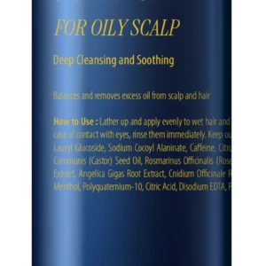 Blue bottle of Root Remedy Scalp Shampoo for oily scalp, with gold text and a black cap; shows product name and usage claims.