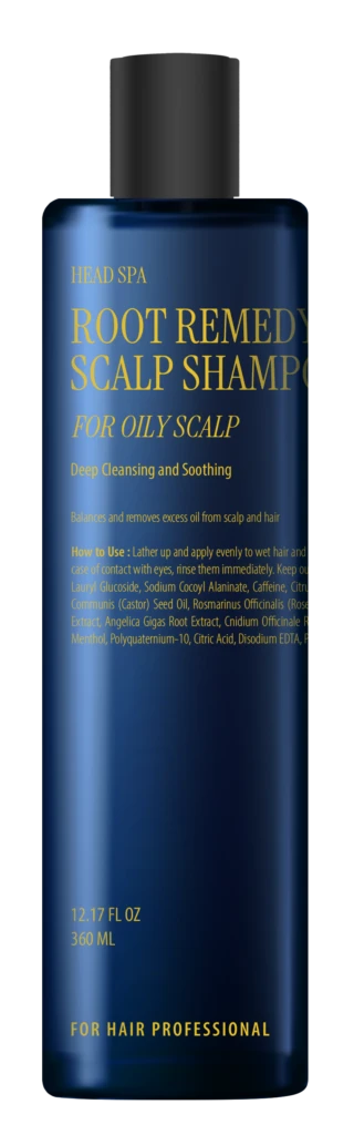 Blue bottle of Root Remedy Scalp Shampoo for oily scalp, with gold text and a black cap; shows product name and usage claims.