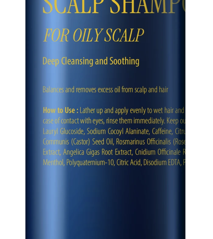Blue bottle of Root Remedy Scalp Shampoo for oily scalp, with gold text and a black cap; shows product name and usage claims.