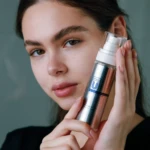 Close-up of a young woman with freckles holding a silver vitamin C spray bottle near her face, as if about to apply it.