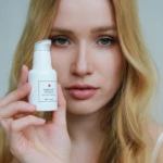 Woman holding a white skincare bottle labeled 'Azelaic Acid 10% Serum' prominently in front of her face.