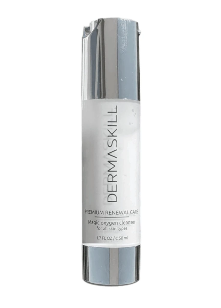 Dermaskill premium renewal care cleanser bottle with silver cap and white label, stating 'Magic oxygen cleanser' for all skin types (50 ml).