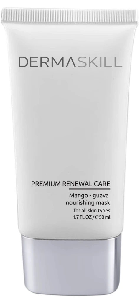 White squeeze tube labeled Dermaskill, Premium Renewal Care mango-guava nourishing mask for all skin types, 50 ml (1.7 fl oz).