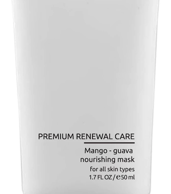 White squeeze tube labeled Dermaskill, Premium Renewal Care mango-guava nourishing mask for all skin types, 50 ml (1.7 fl oz).