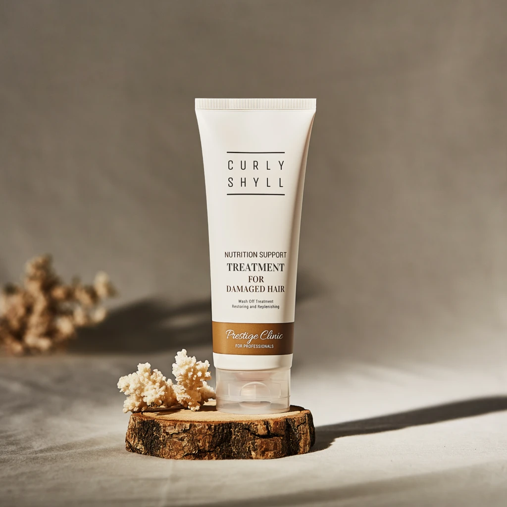 White hair-care product tube stands upright on a wooden slice, with the label saying Nutrition Support Treatment for Damaged Hair against a neutral background.
