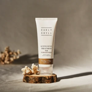 White hair-care product tube stands upright on a wooden slice, with the label saying Nutrition Support Treatment for Damaged Hair against a neutral background.