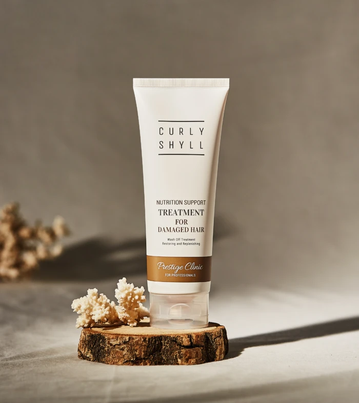 White hair-care product tube stands upright on a wooden slice, with the label saying Nutrition Support Treatment for Damaged Hair against a neutral background.