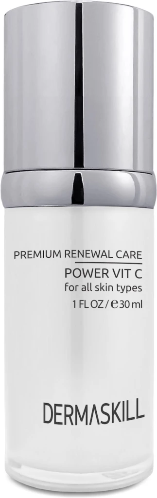 Dermaskill Power Vitamin C serum bottle with a chrome cap and white label for all skin types (30 ml). Senders: Premium Renewal Care text visible on label.