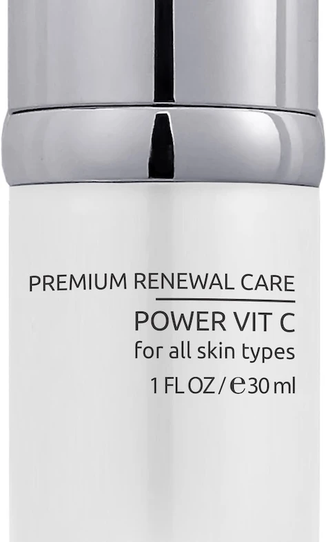 Dermaskill Power Vitamin C serum bottle with a chrome cap and white label for all skin types (30 ml). Senders: Premium Renewal Care text visible on label.