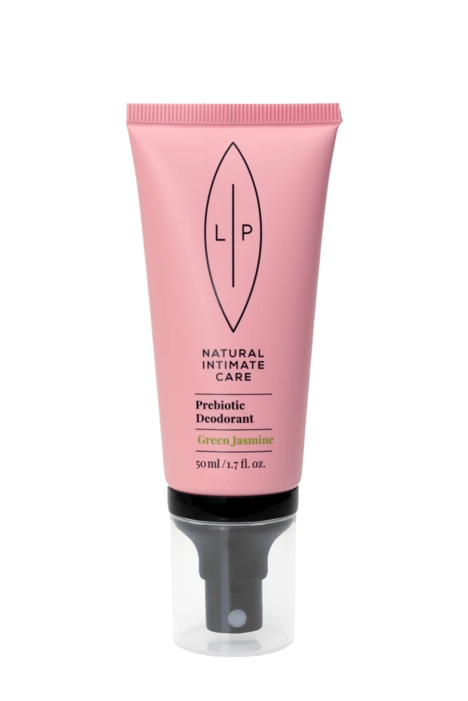 Pink tube of LP Natural Intimate Care Prebiotic Deodorant in Green Jasmine scent