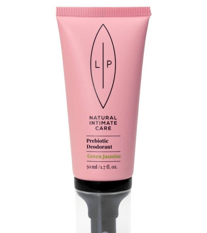 Pink tube of LP Natural Intimate Care Prebiotic Deodorant in Green Jasmine scent