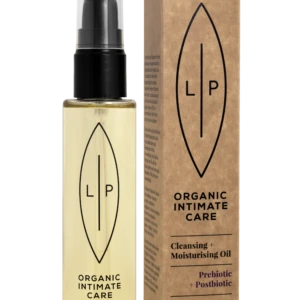 Bottle of LP Organic Intimate Care cleansing oil with pump, shown beside its brown carton packaging displaying the LP logo and product name.