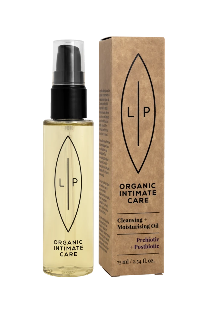 Bottle of LP Organic Intimate Care cleansing oil with pump, shown beside its brown carton packaging displaying the LP logo and product name.