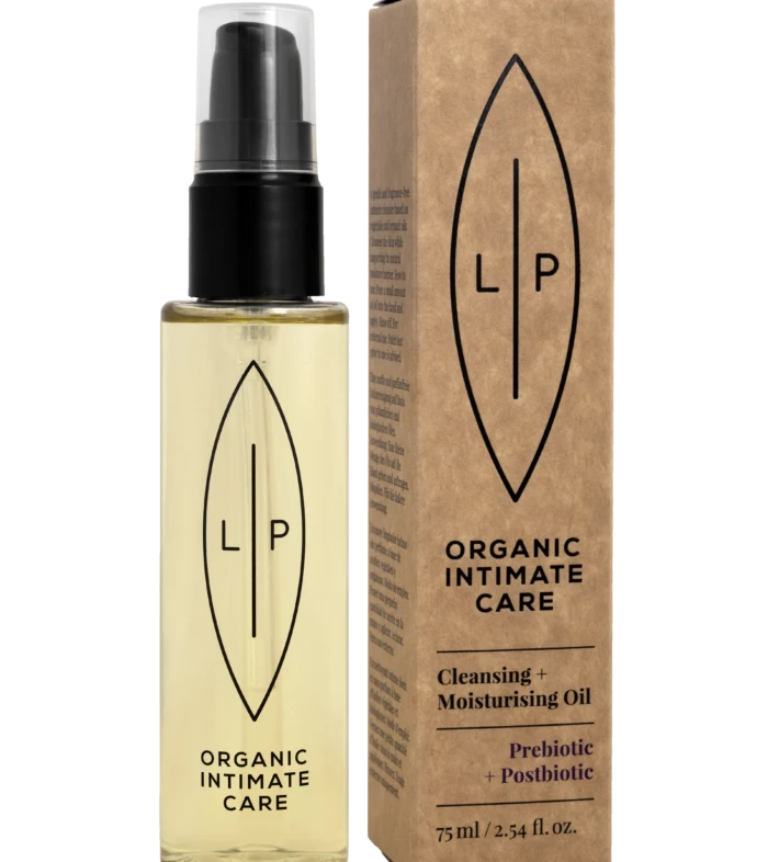 Bottle of LP Organic Intimate Care cleansing oil with pump, shown beside its brown carton packaging displaying the LP logo and product name.