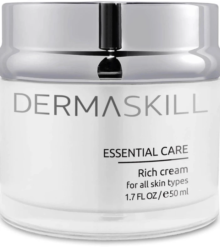 Dermaskill Essential Care Rich Cream jar with a shiny silver lid on white container.
