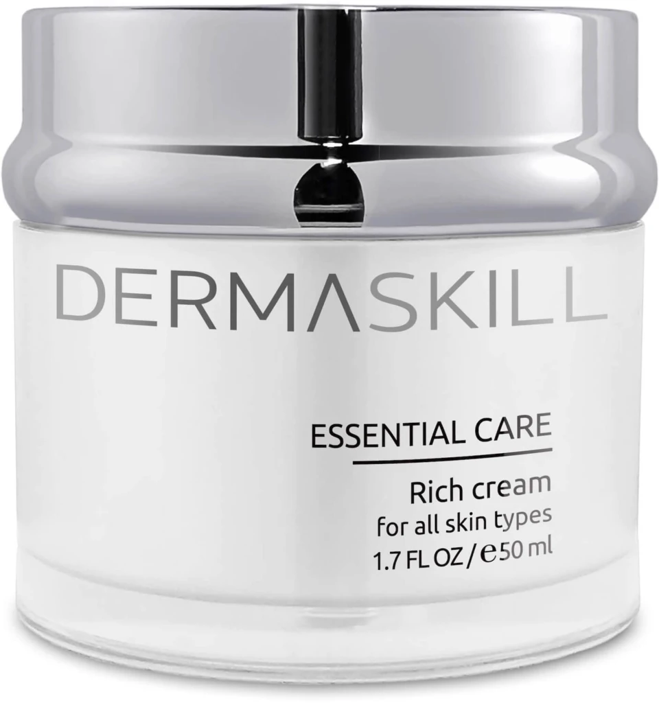 Dermaskill Essential Care Rich Cream jar with a shiny silver lid on white container.