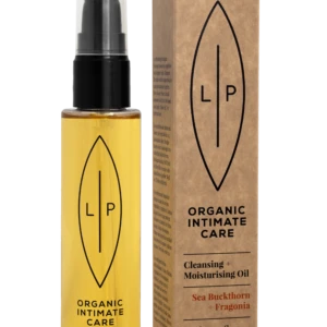 Bottle of organic intimate care oil with black pump next to its brown box featuring a large oval logo and LP initials