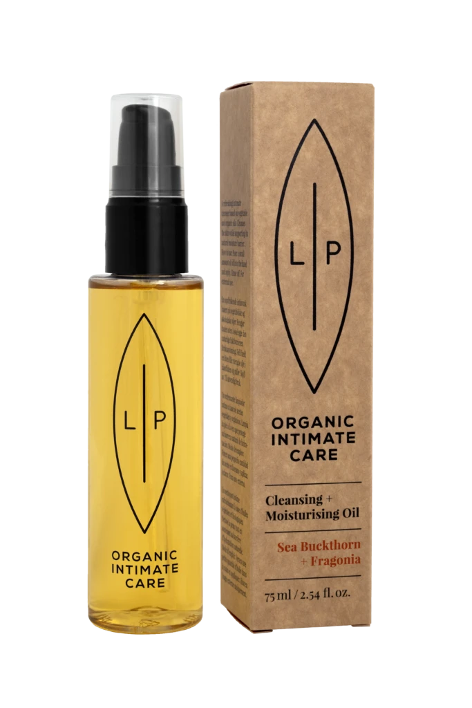 Bottle of organic intimate care oil with black pump next to its brown box featuring a large oval logo and LP initials