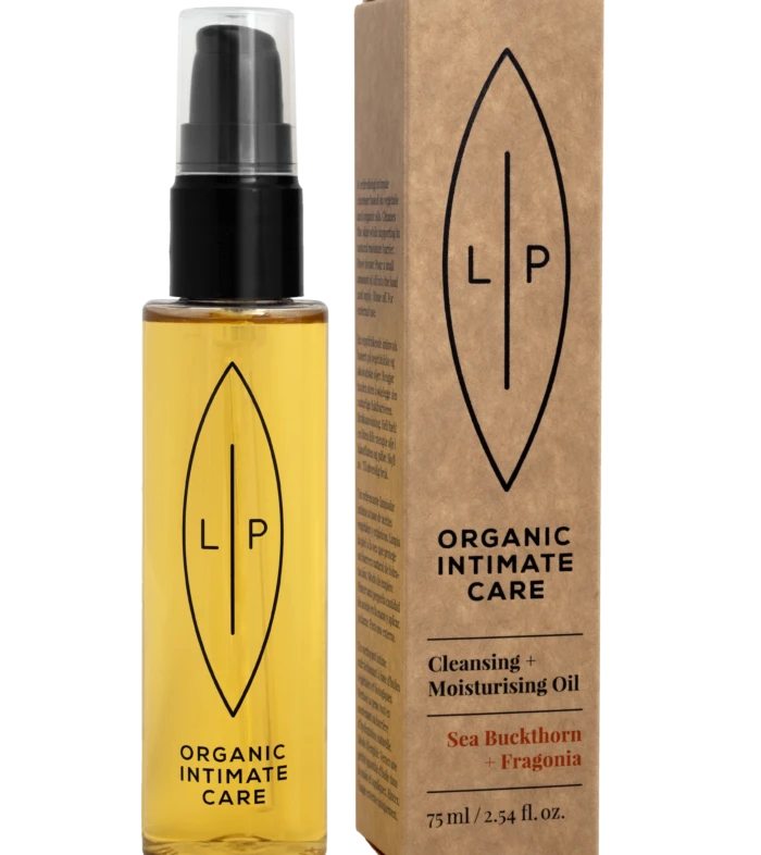 Bottle of organic intimate care oil with black pump next to its brown box featuring a large oval logo and LP initials