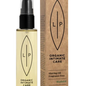 Bottle of LP Organic Intimate Care shaving oil with a black pump next to its brown carton box featuring the LP logo and 'Organic Intimate Care' text.