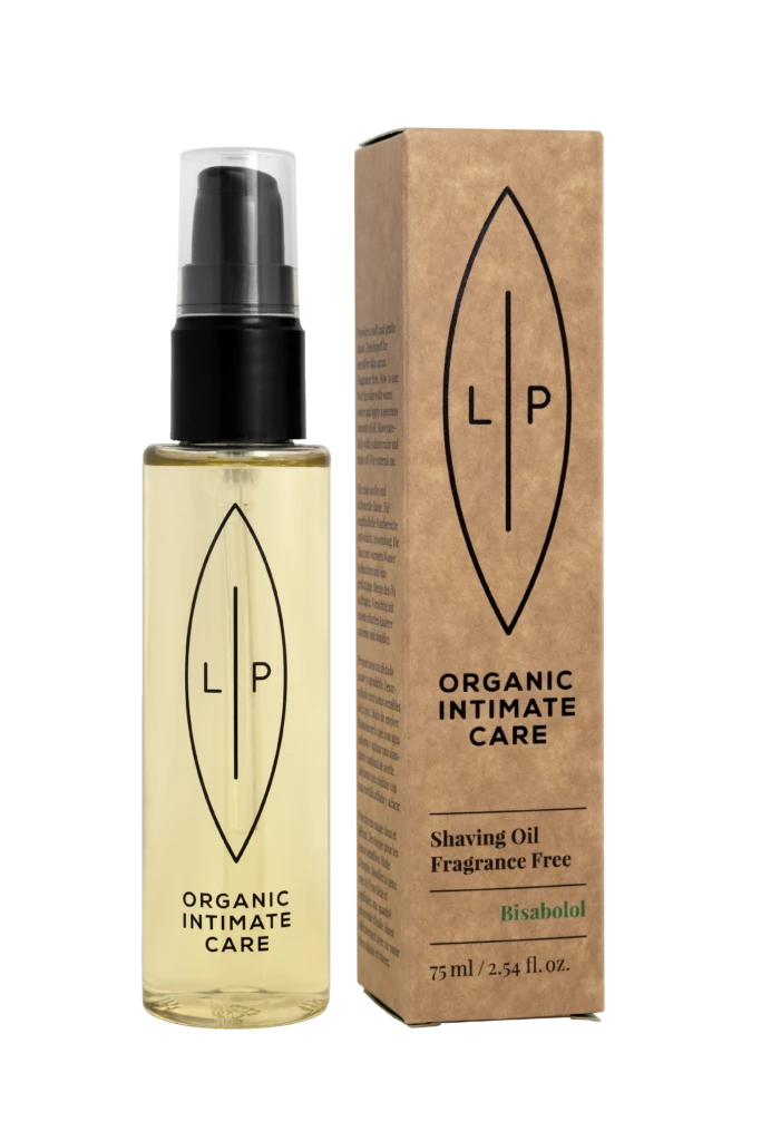 Bottle of LP Organic Intimate Care shaving oil with a black pump next to its brown carton box featuring the LP logo and 'Organic Intimate Care' text.