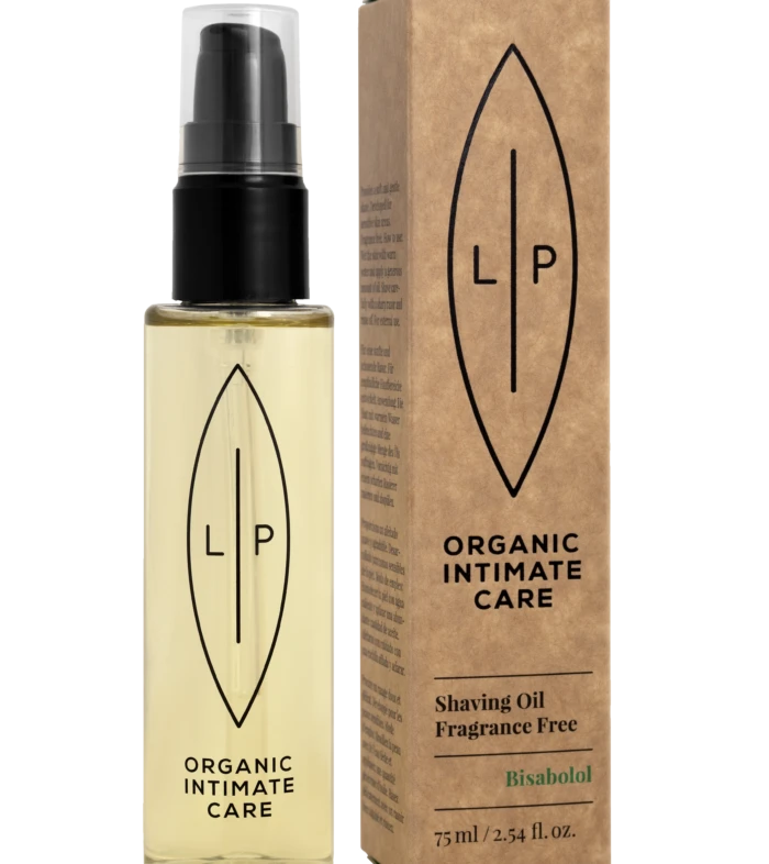 Bottle of LP Organic Intimate Care shaving oil with a black pump next to its brown carton box featuring the LP logo and 'Organic Intimate Care' text.