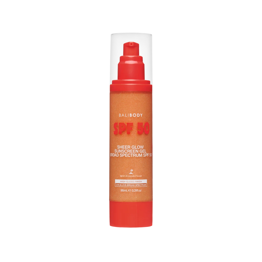 BaliBODY SPF 50 sunscreen bottle with red pump, showing the Sheer Glow formula.