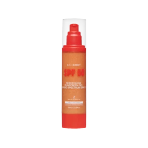 BaliBODY SPF 50 sunscreen bottle with red pump, showing the Sheer Glow formula.