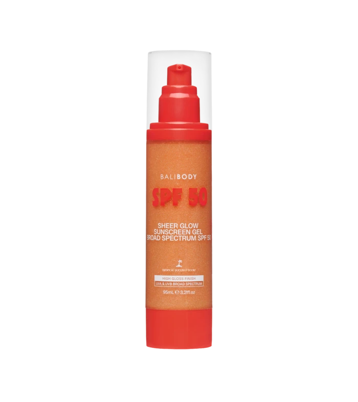 BaliBODY SPF 50 sunscreen bottle with red pump, showing the Sheer Glow formula.