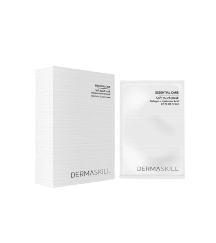 Two white Dermaskill packaging boxes (one large box and one small sachet) labeled Essential Care Soft Touch Mask with collagen and hyaluronic acid