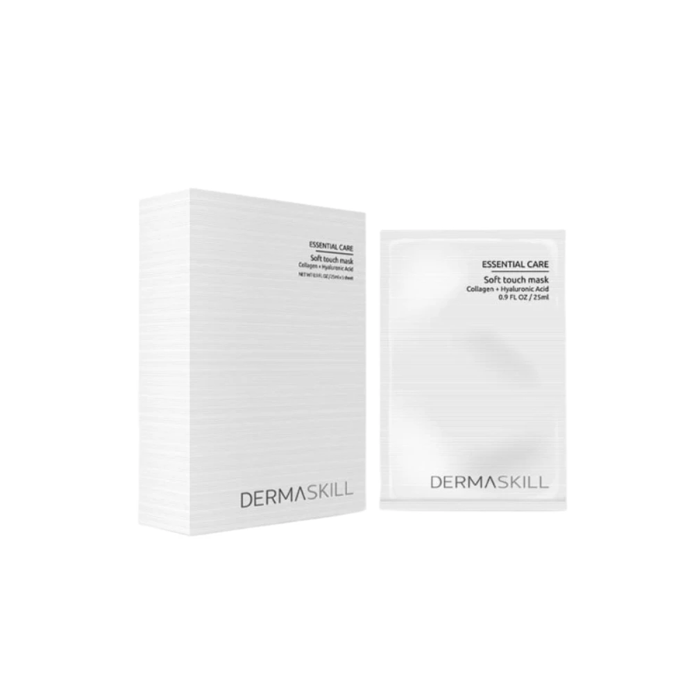 Two white Dermaskill packaging boxes (one large box and one small sachet) labeled Essential Care Soft Touch Mask with collagen and hyaluronic acid