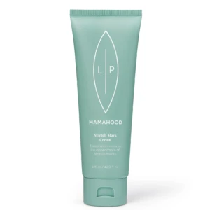 Teal-green squeeze tube of Mamahood Stretch Mark Cream with white leaf logo on a white background, standing upright.