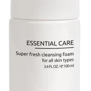 Dermaskill Essential Care cleansing foam bottle with pump dispenser; reads 'Super fresh cleansing foam for all skin types'.