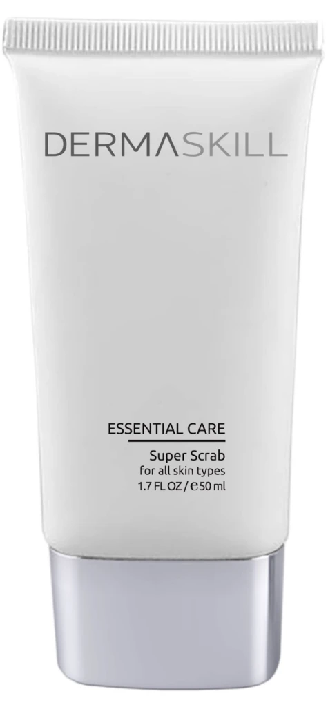 White skincare tube labeled Dermaskill Essential Care Super Scrub for all skin types with a silver cap