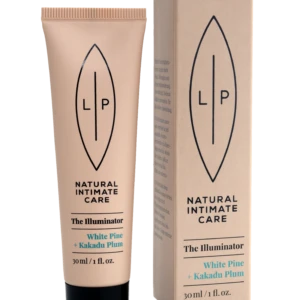 Beige LP Natural Intimate Care tube labeled The Illuminator with White Pine and Kakadu Plum next to its matching box.