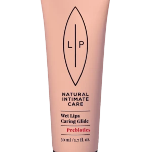 Pink squeeze tube of natural intimate care product with LP logo and text 'Wet Lips Caring Glide' and 'Prebiotics' (50 ml)